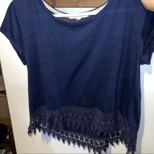 REWIND Blue Cropped with Lace Detail Short Sleeve Tee